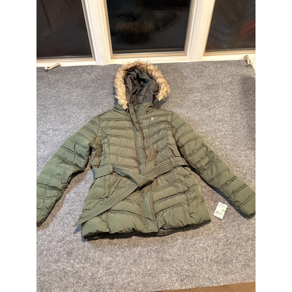 U.S. Polo Assn Jacket Womens Large‎ Olive Belted Puffer Faux Fur Hood Quilted